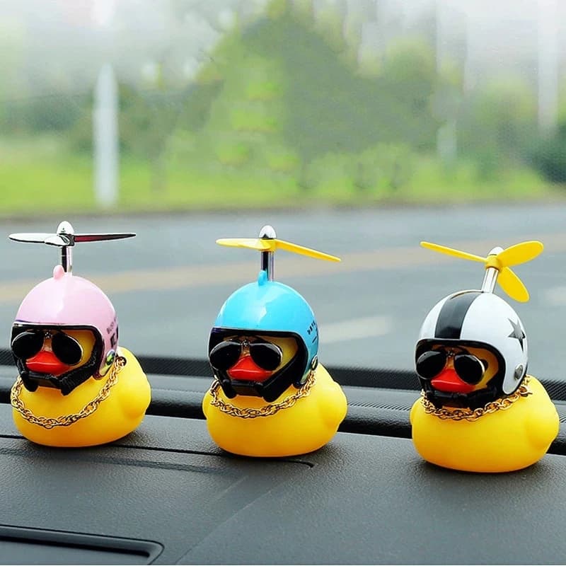 Cute Yellow Duck Car Decoration – Helmet Propeller Duck Toy with Sunglasses & Chain
