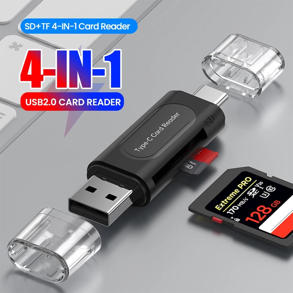 4-in-1 USB Type-C Card Reader – USB 2.0 SD & TF Memory Card Reader with USB Port
