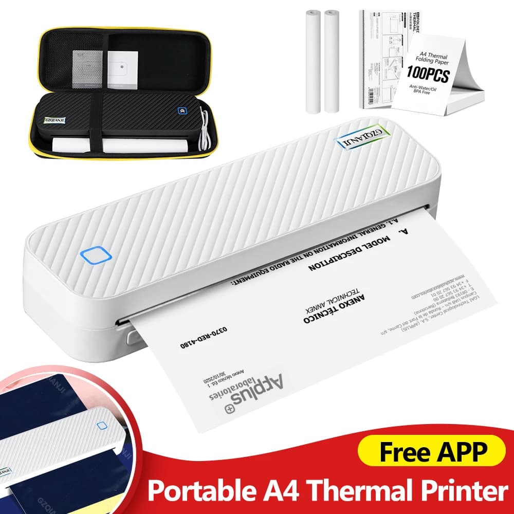GZMA412 Portable A4 Thermal Printer – Wireless Bluetooth Inkless Printer for Home, Office & Study