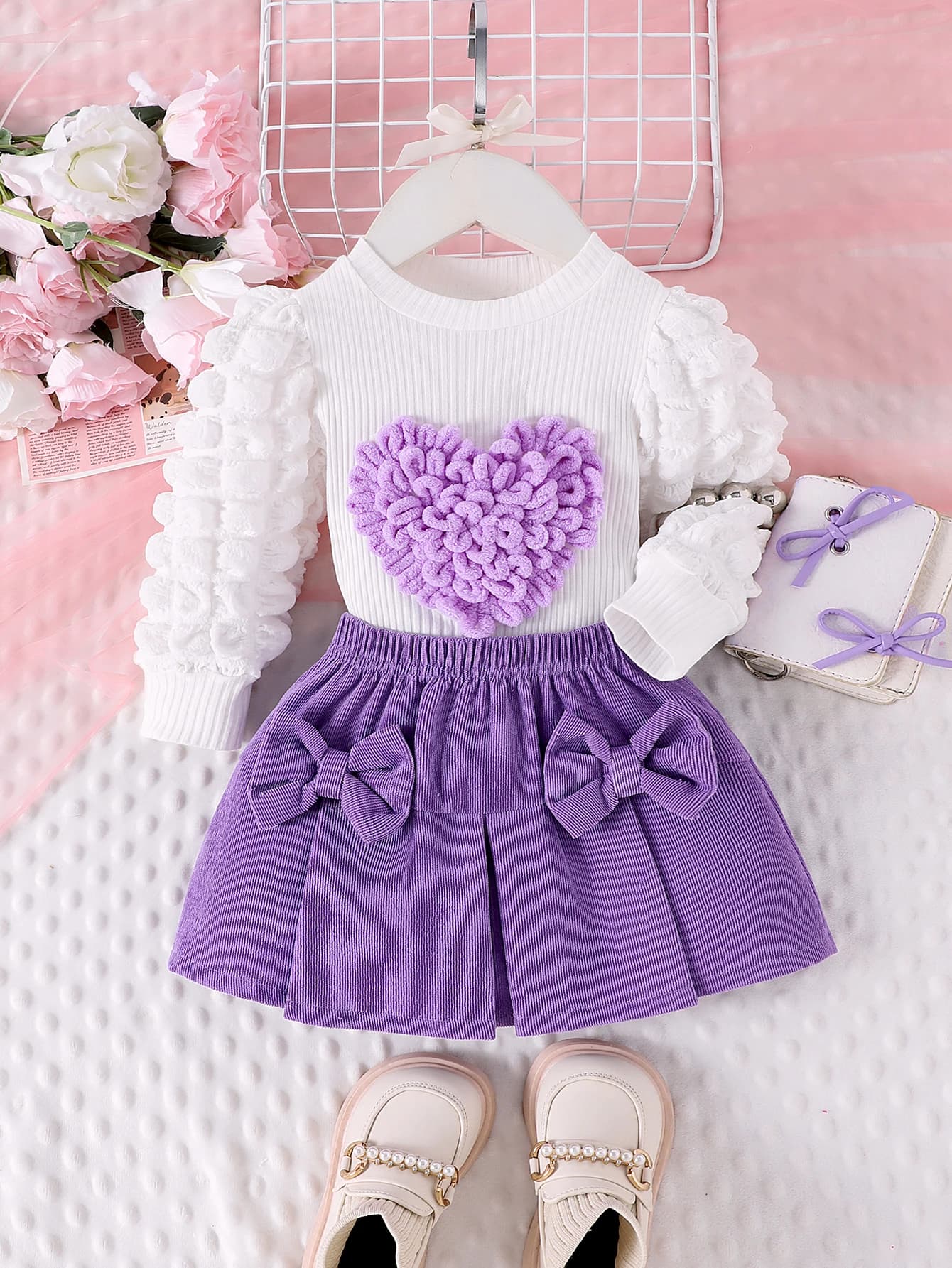 Girls 2-Piece Outfit Set – Bubble Sleeve Love Badge Top & Short Skirt for Ages 1–3