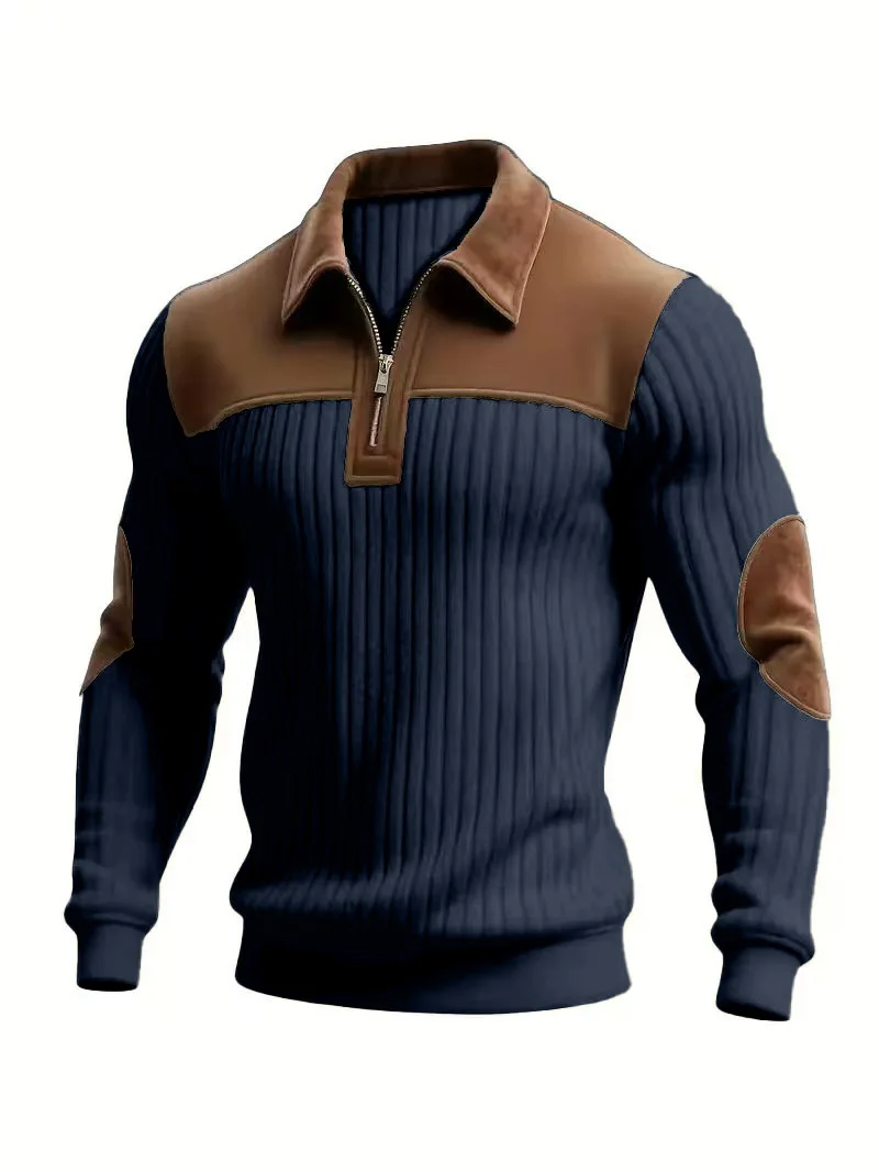 Men's Corduroy Color Block Sweatshirt – Casual Stand Collar Button-Up Outdoor Pullover for Spring & Autumn