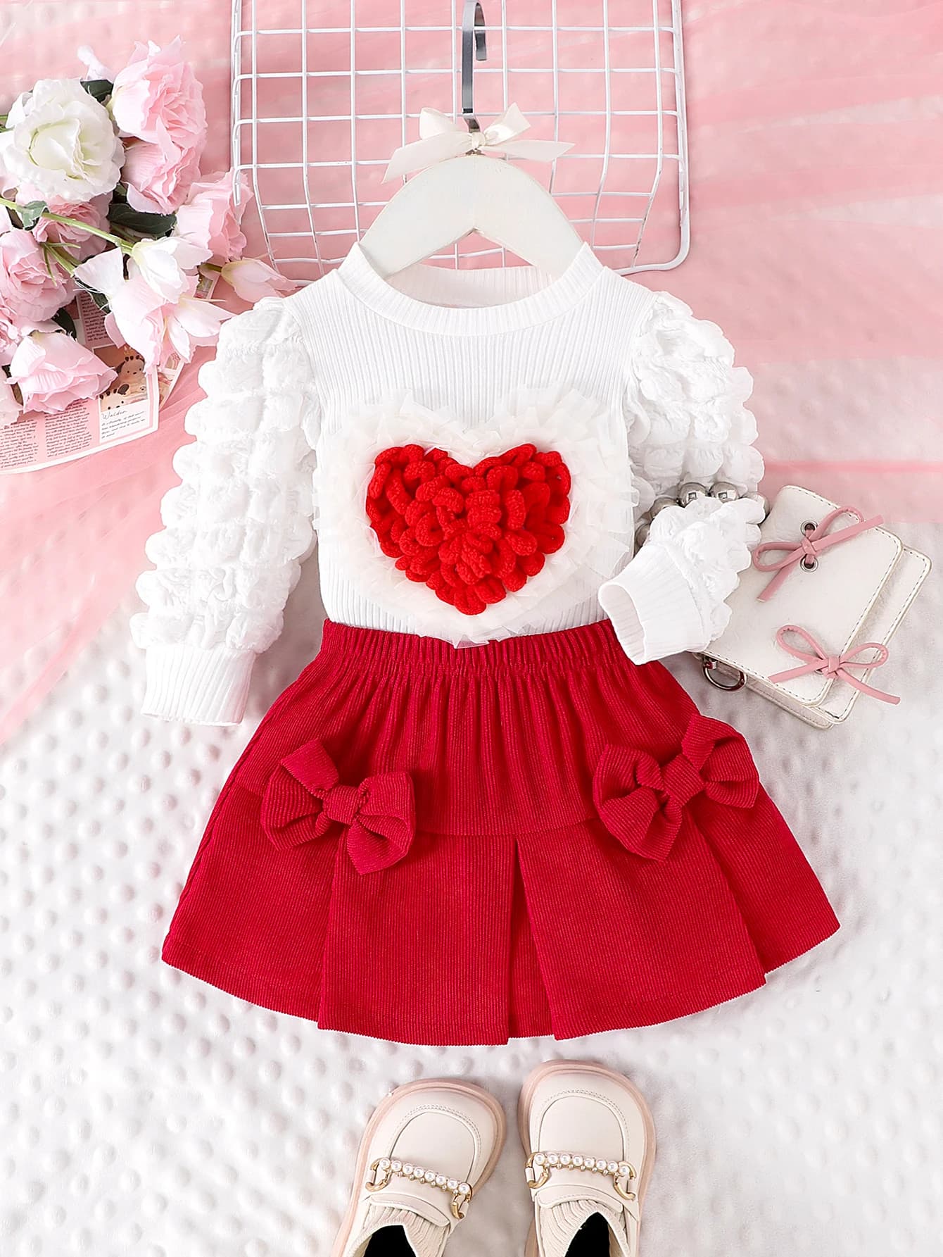 Girls 2-Piece Outfit Set – Bubble Sleeve Love Badge Top & Short Skirt for Ages 1–3