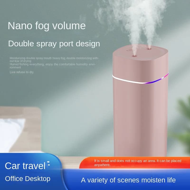 600mL Mini USB Humidifier – Double Spray Cool Mist Diffuser with Colorful Ambient Light