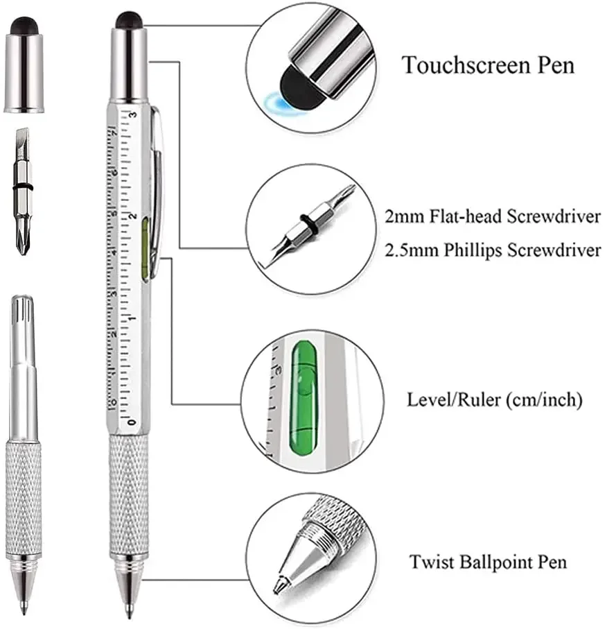 7-in-1 Multifunctional Pen – Touchscreen Stylus, Ballpoint Pen, Ruler, Level & Screwdriver Tool