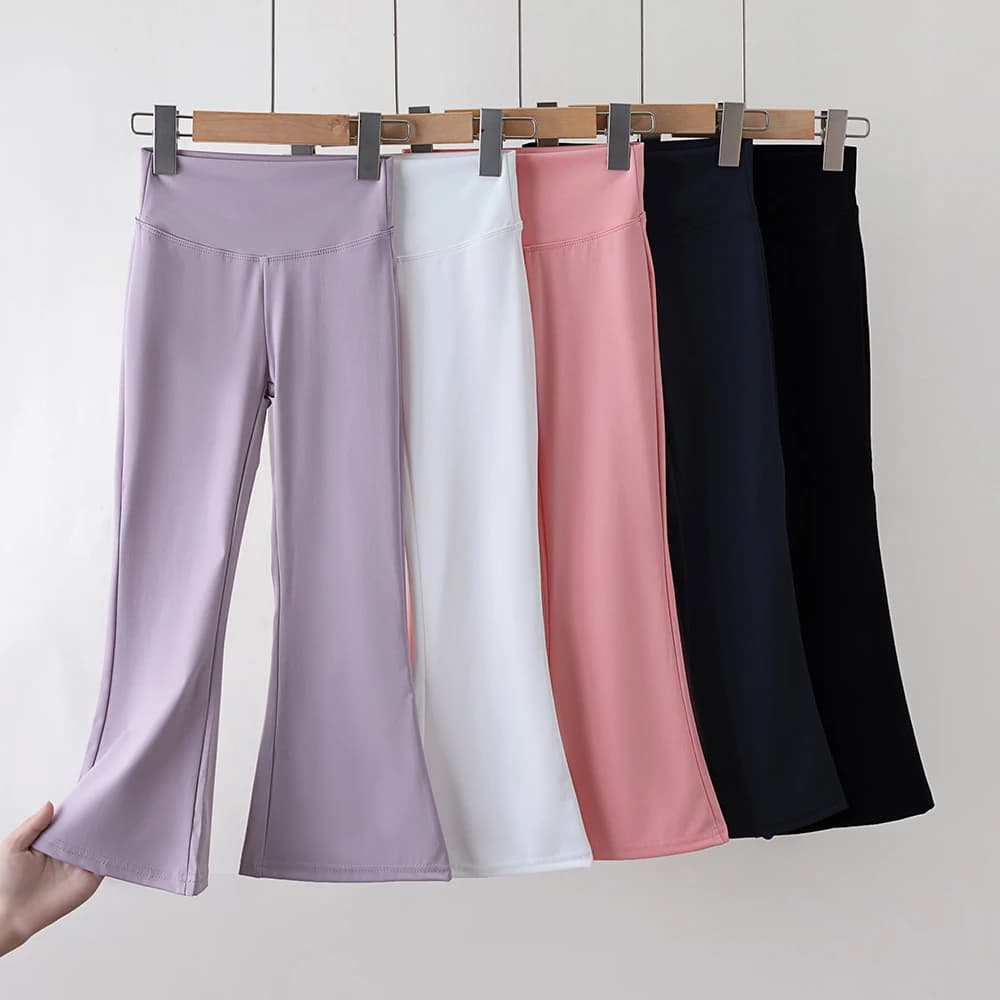 Girls High Waist Flared Yoga Pants – Stretch Leggings with Elastic Waistband for Spring & Autumn