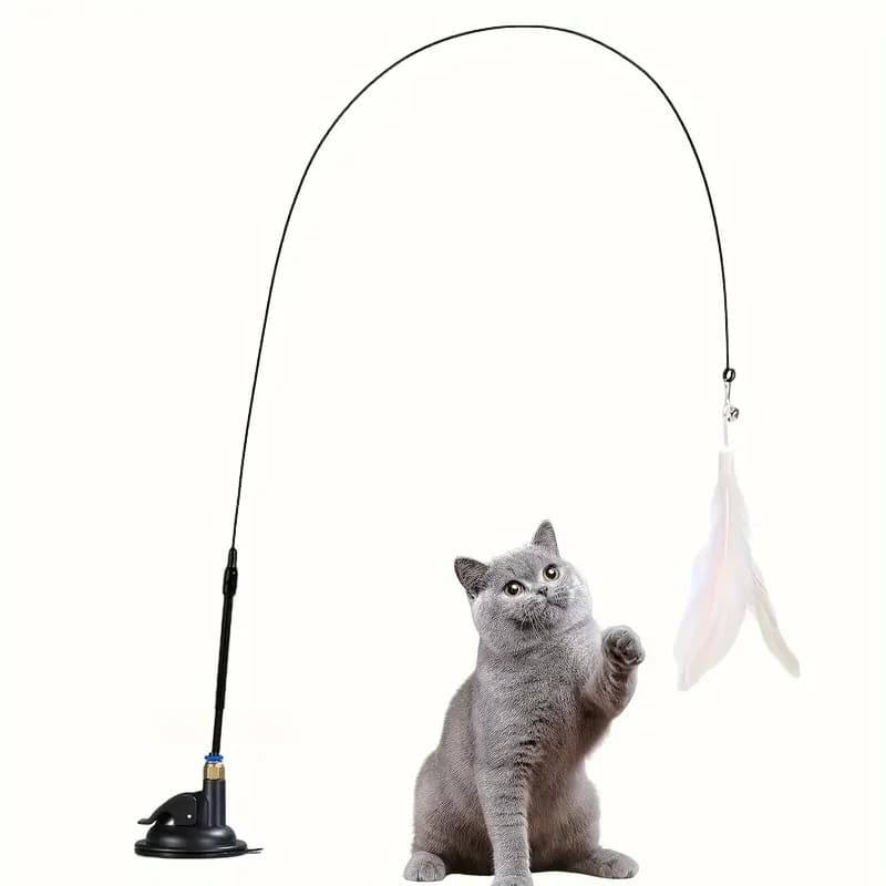 Interactive Cat Teaser Toy – Feather & Bell Wand with Long Suction Cup Pole for Cats