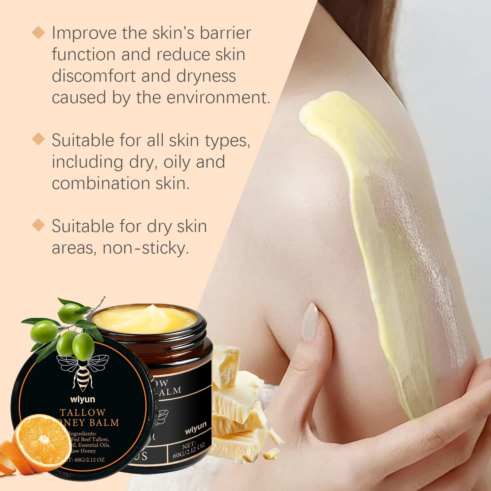 Whipped Beef Tallow Honey Balm – Hydrating Face & Body Moisturizer for Soft, Smooth-Looking Skin