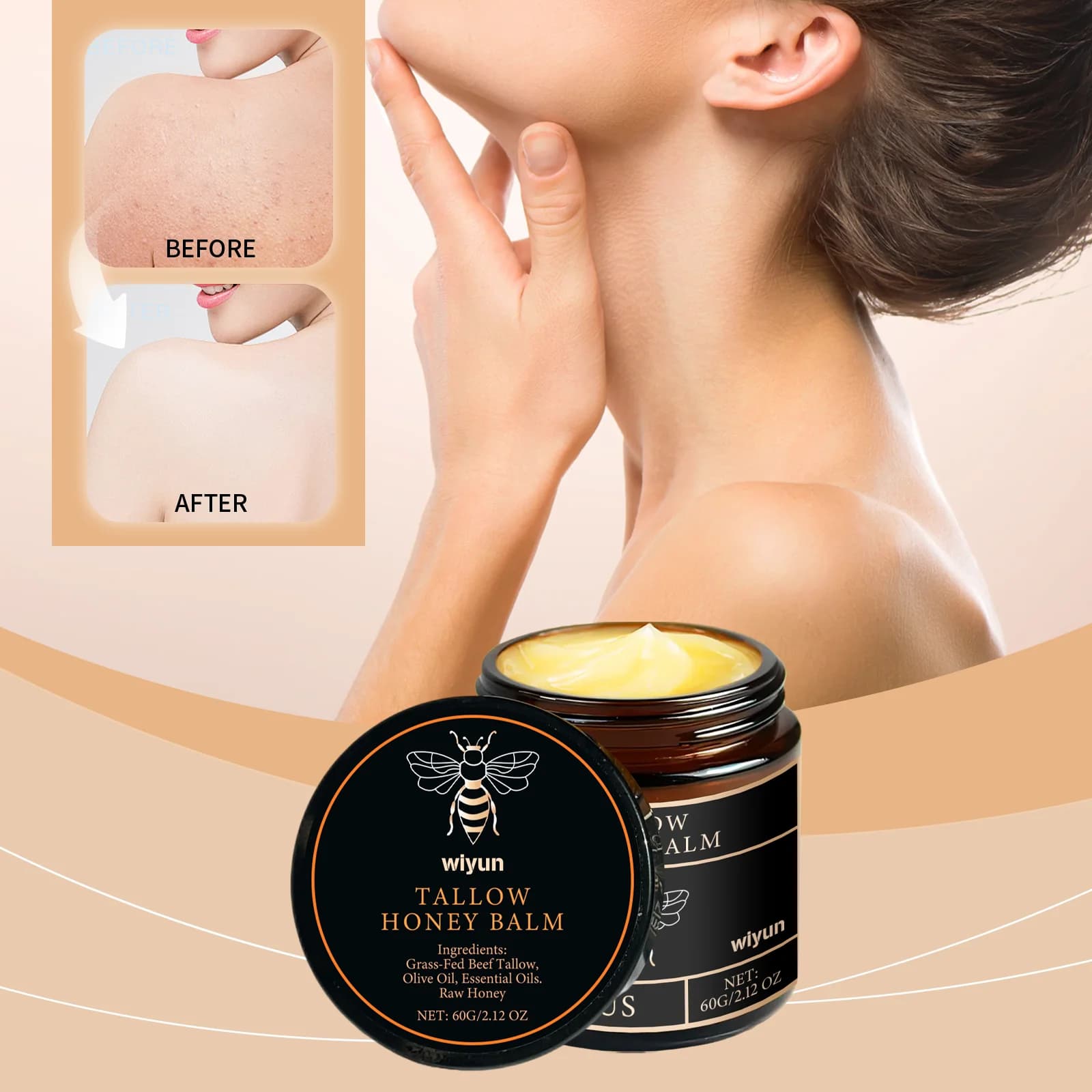 Whipped Beef Tallow Honey Balm – Hydrating Face & Body Moisturizer for Soft, Smooth-Looking Skin