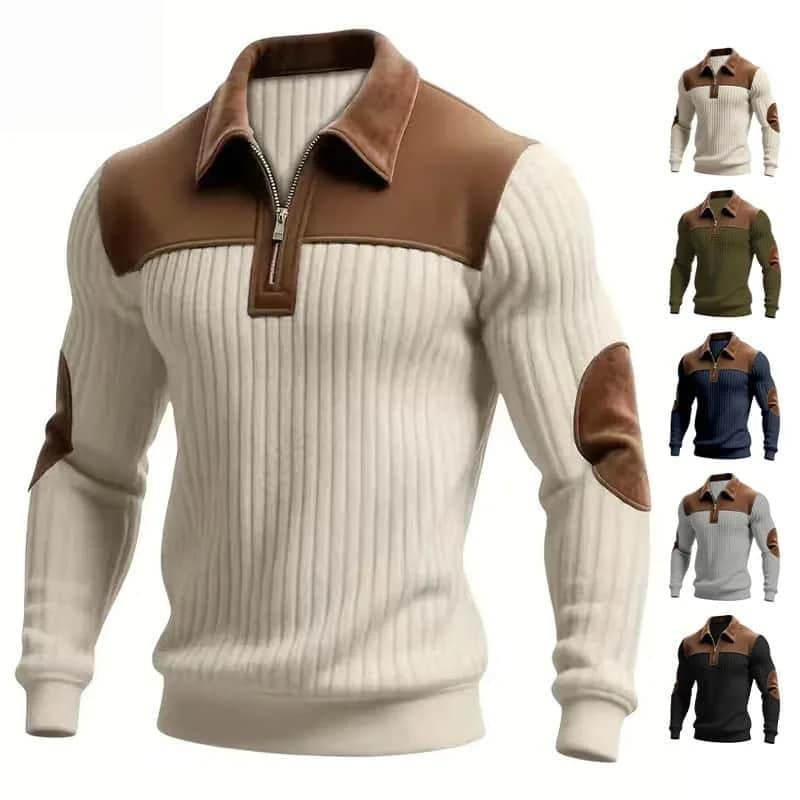 Men's Corduroy Color Block Sweatshirt – Casual Stand Collar Button-Up Outdoor Pullover for Spring & Autumn
