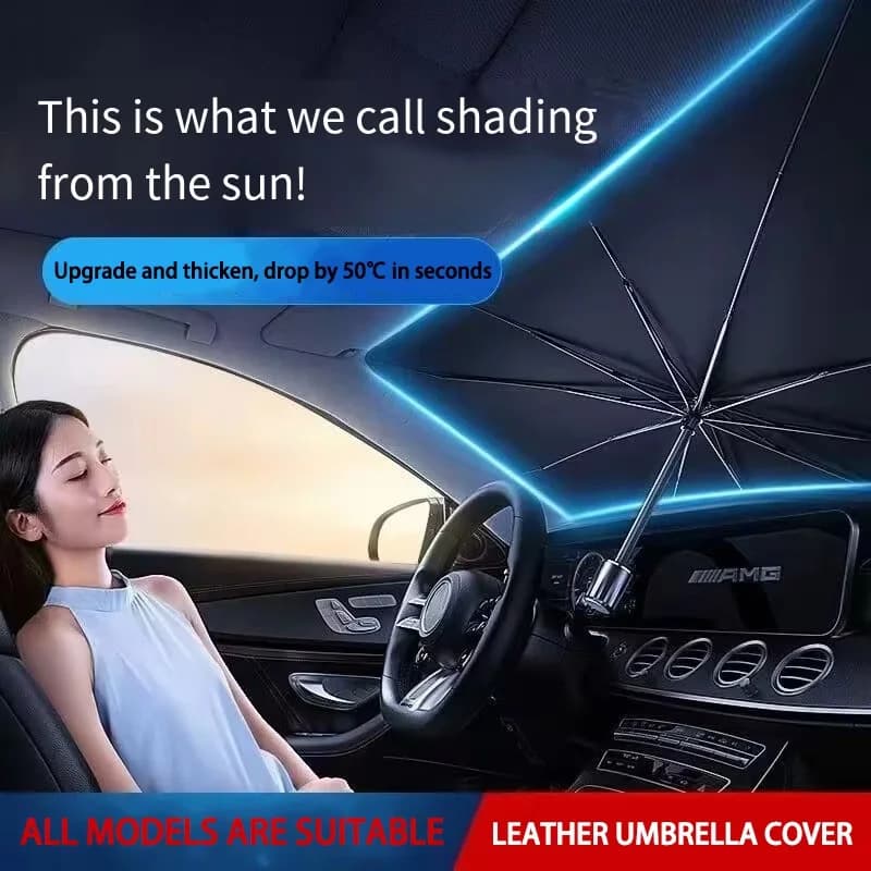 Car Windshield Umbrella Sunshade – Titanium Silver Reflective Foldable Parasol with Storage Case