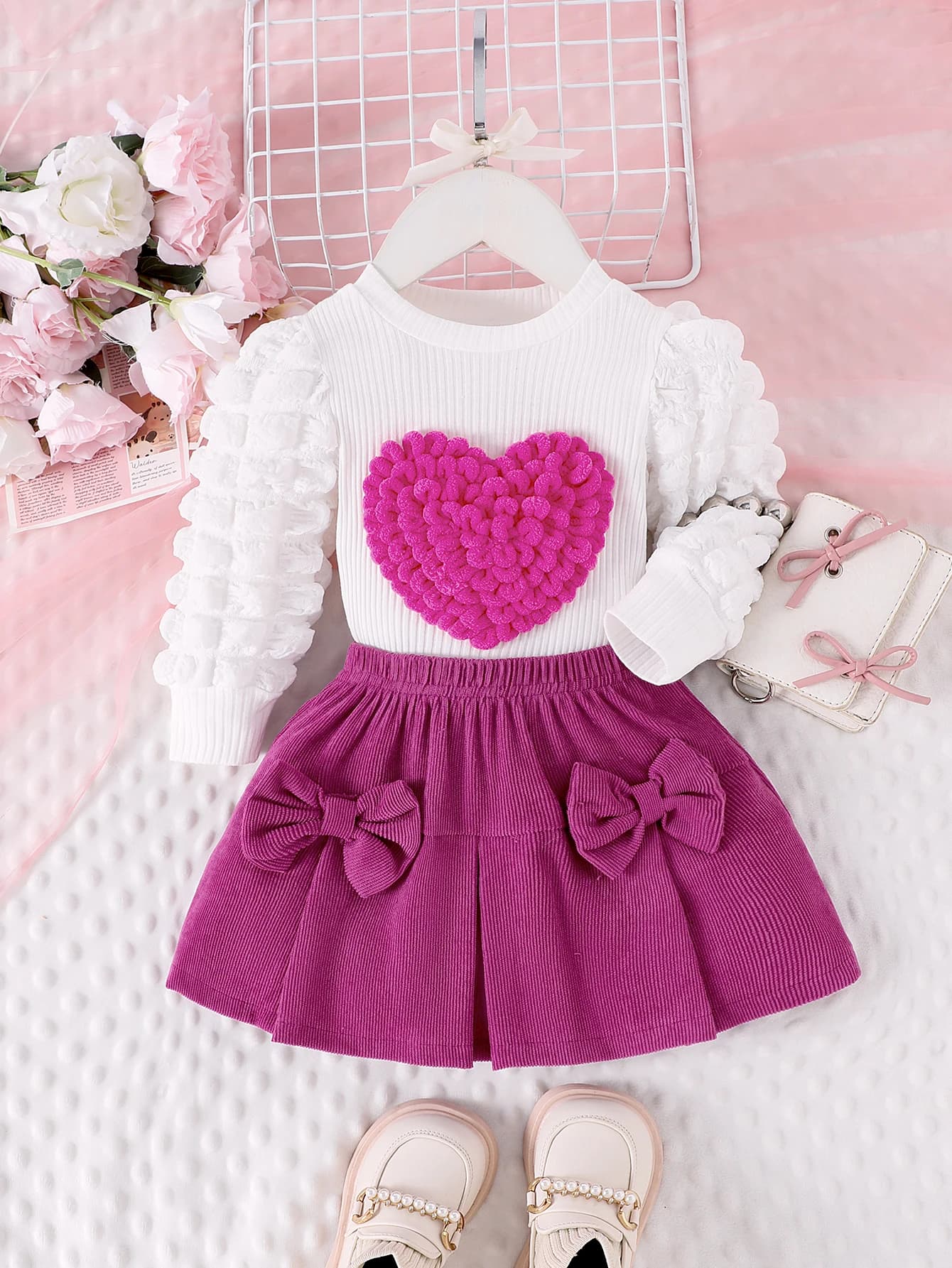 Girls 2-Piece Outfit Set – Bubble Sleeve Love Badge Top & Short Skirt for Ages 1–3