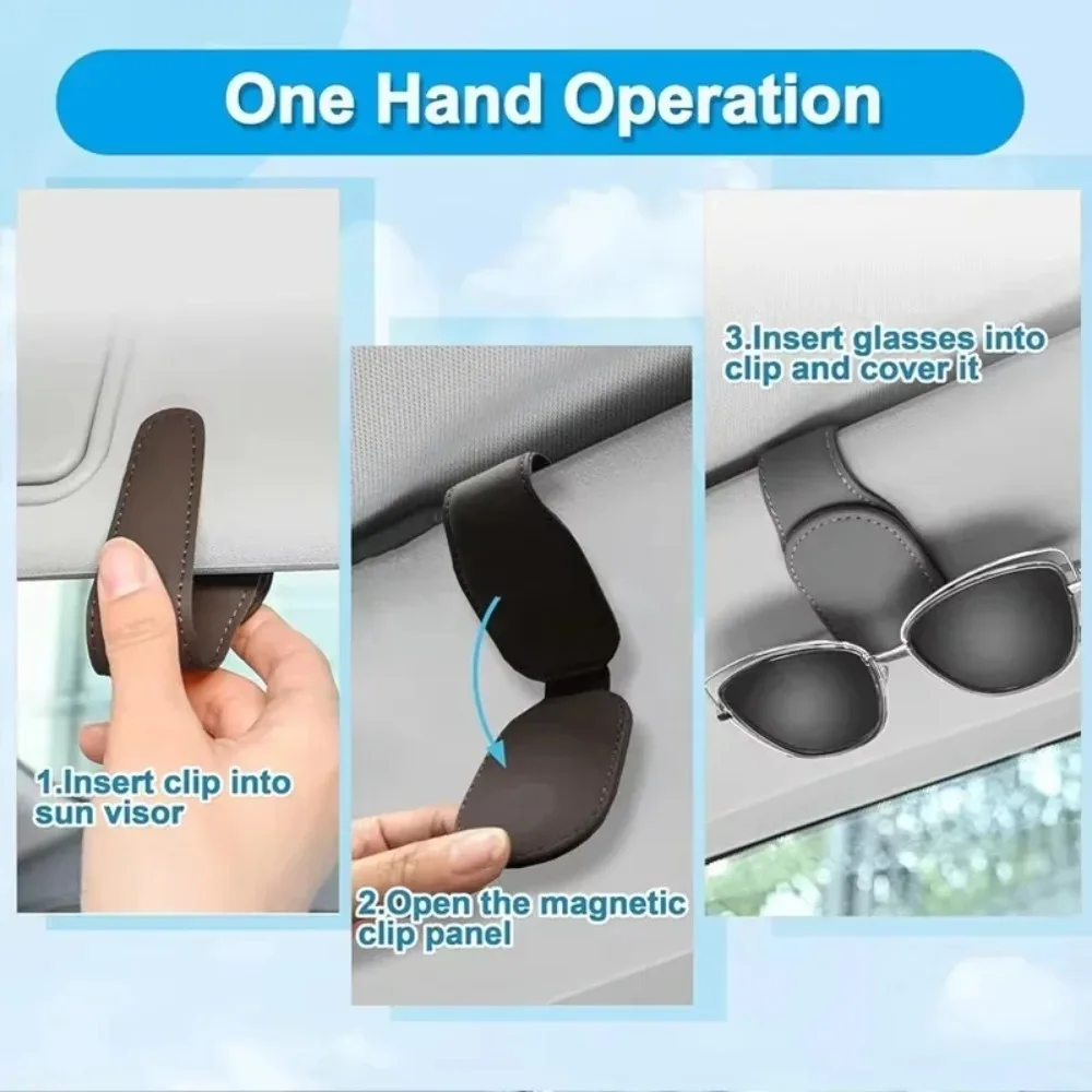Magnetic Leather Car Sunglasses Holder – Sun Visor Clip for Sunglasses, Tickets & Cards