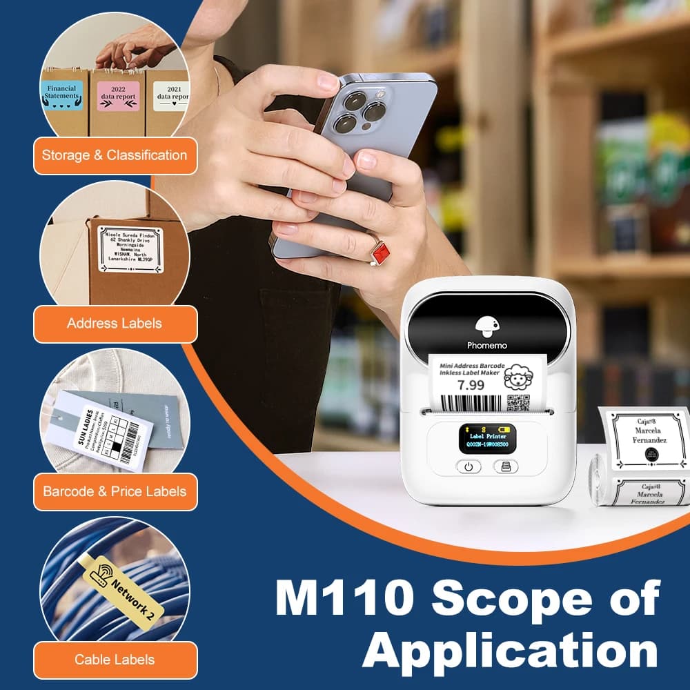 Phomemo M110 Bluetooth Label Printer – Portable Thermal Sticker Maker for Price, Clothing, Cable & Address Labels