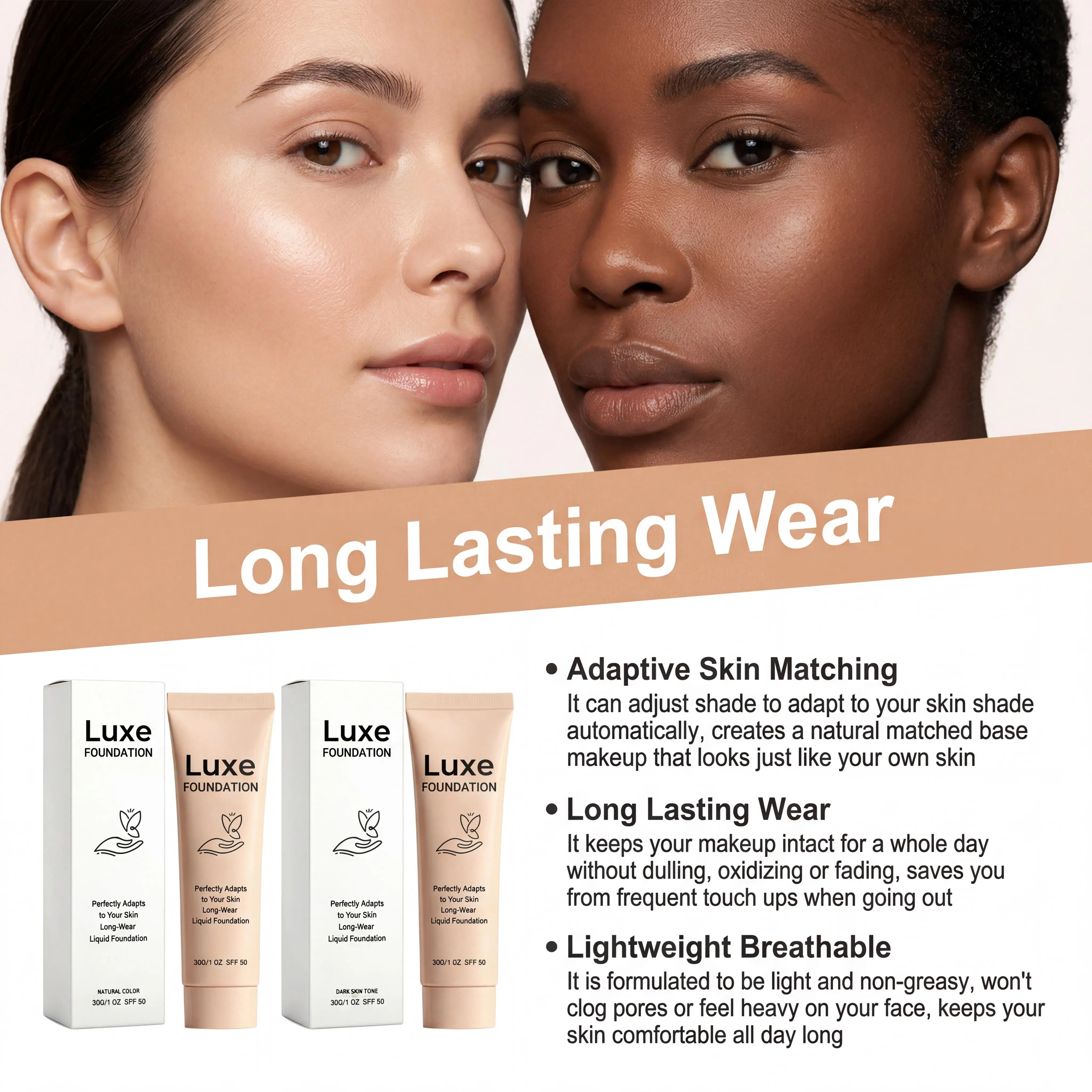 SPF 50 Color-Changing Foundation 30g – Self-Adjusting Skin Tone Makeup Base with Natural Coverage