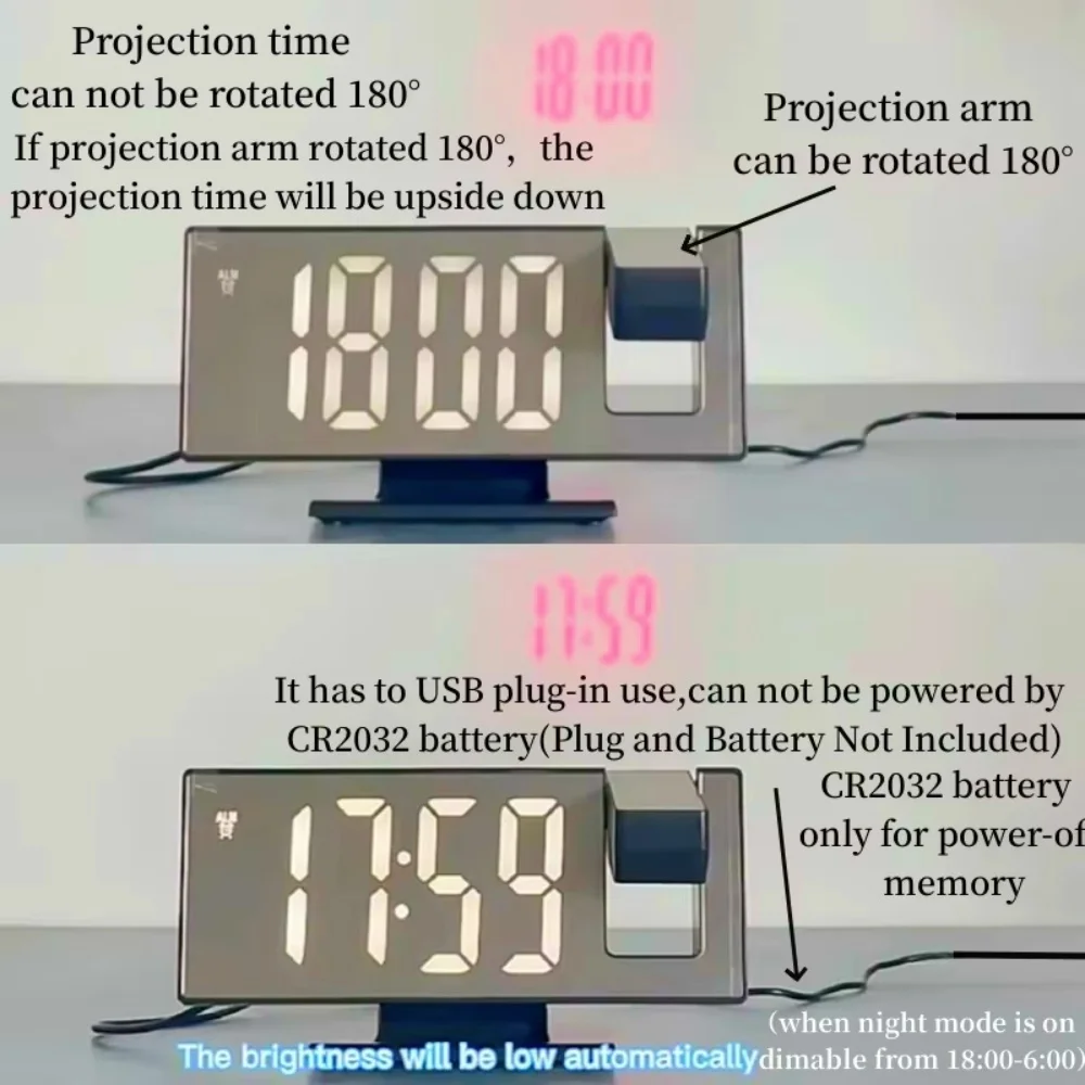 Digital Projection Alarm Clock – 12/24H LCD Display with Temperature, Snooze, Backlight & USB Power