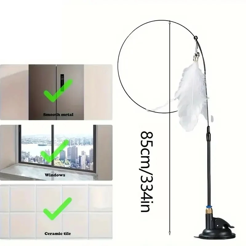 Interactive Cat Teaser Toy – Feather & Bell Wand with Long Suction Cup Pole for Cats