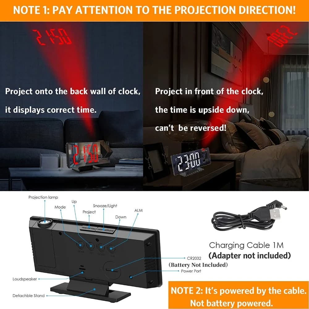 Digital Projection Alarm Clock – 12/24H LCD Display with Temperature, Snooze, Backlight & USB Power