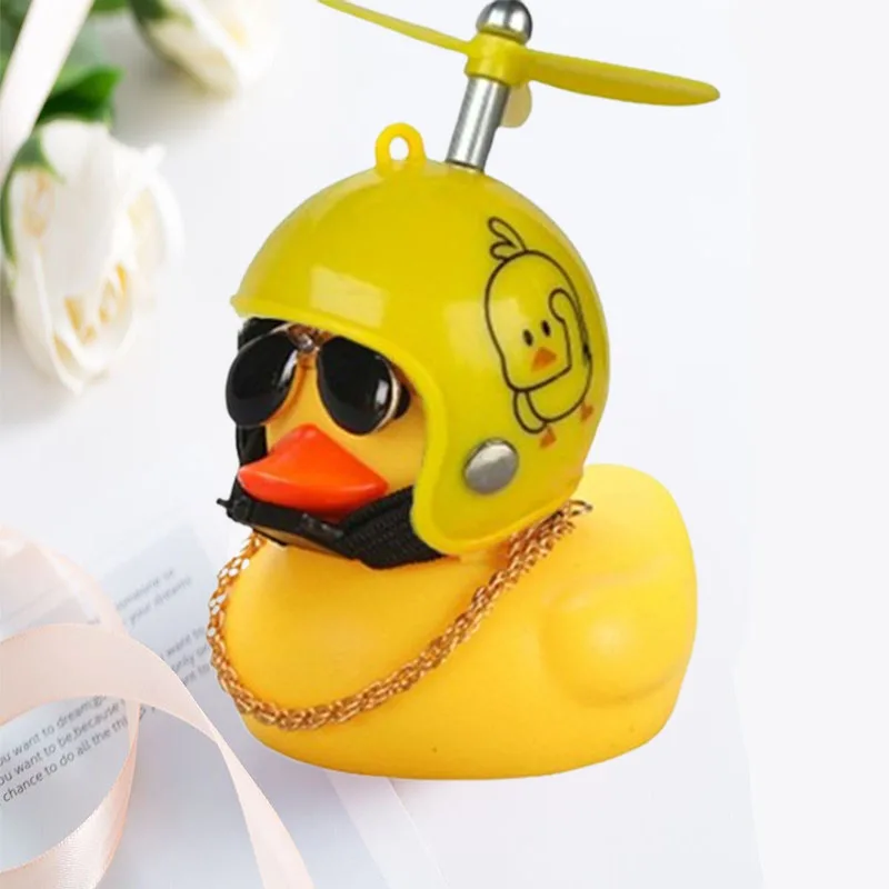 Cute Yellow Duck Car Decoration – Helmet Propeller Duck Toy with Sunglasses & Chain