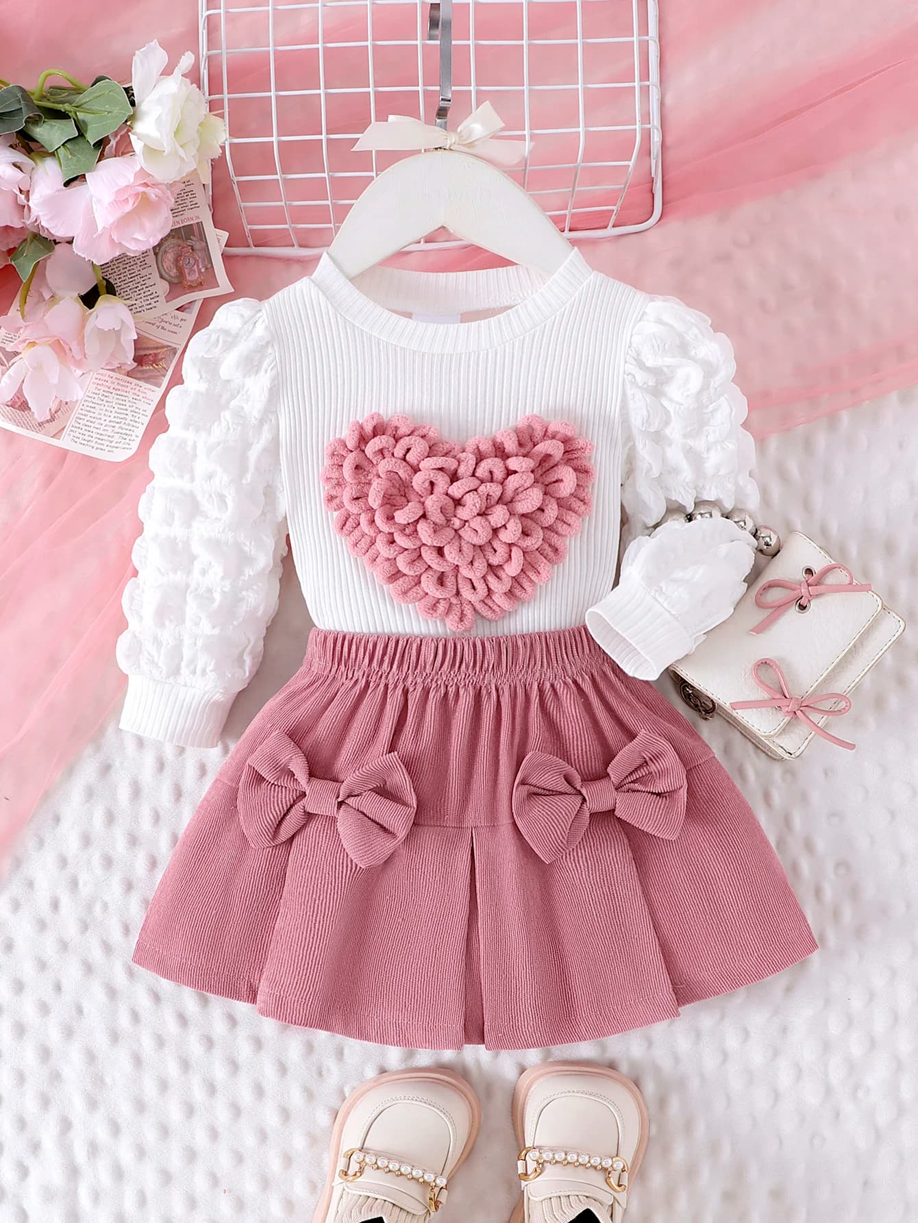 Girls 2-Piece Outfit Set – Bubble Sleeve Love Badge Top & Short Skirt for Ages 1–3