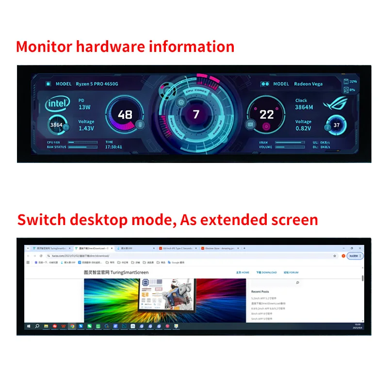 TURZX 8.8-Inch USB Secondary Monitor – 1920×480 IPS PC Display for CPU, GPU & RAM Monitoring