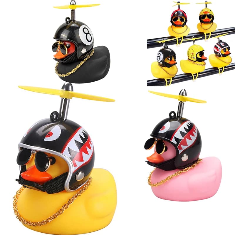 Cute Yellow Duck Car Decoration – Helmet Propeller Duck Toy with Sunglasses & Chain