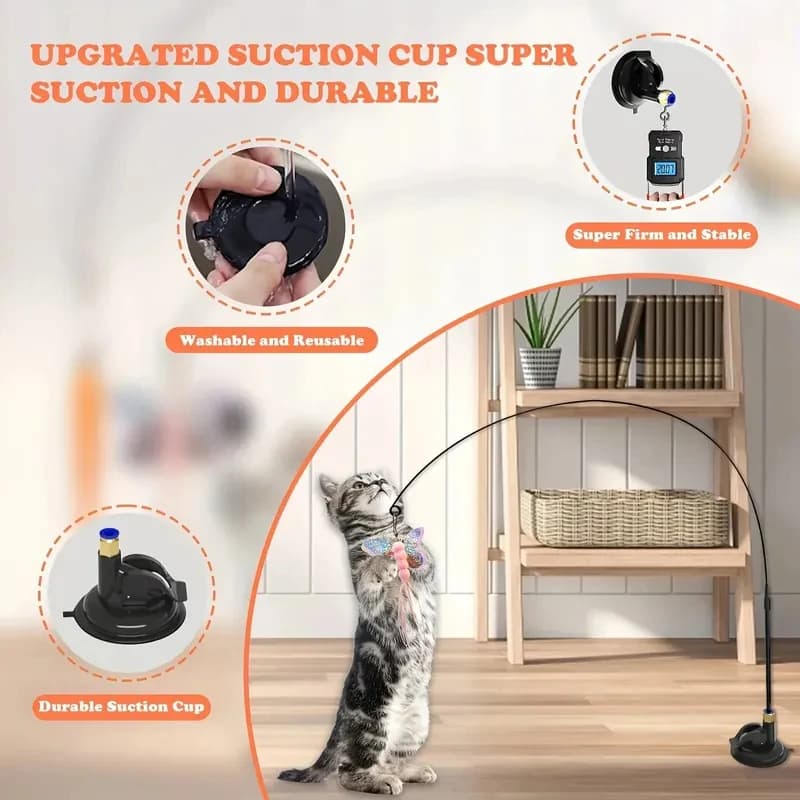 Interactive Cat Teaser Toy – Feather & Bell Wand with Long Suction Cup Pole for Cats