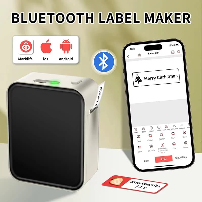 P15 Bluetooth Label Maker – Portable 203dpi Thermal Sticker Printer with Marklife App & Type C Rechargeable Battery