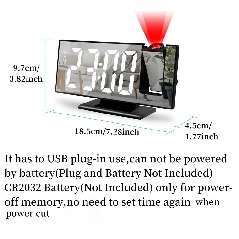 Digital Projection Alarm Clock – 12/24H LCD Display with Temperature, Snooze, Backlight & USB Power