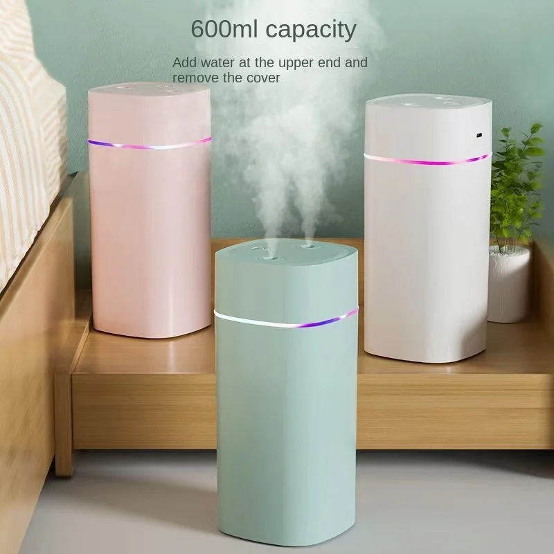 600mL Mini USB Humidifier – Double Spray Cool Mist Diffuser with Colorful Ambient Light