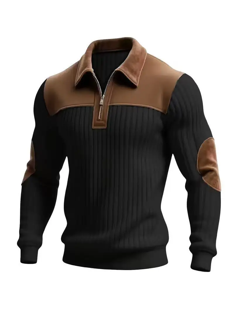 Men's Corduroy Color Block Sweatshirt – Casual Stand Collar Button-Up Outdoor Pullover for Spring & Autumn