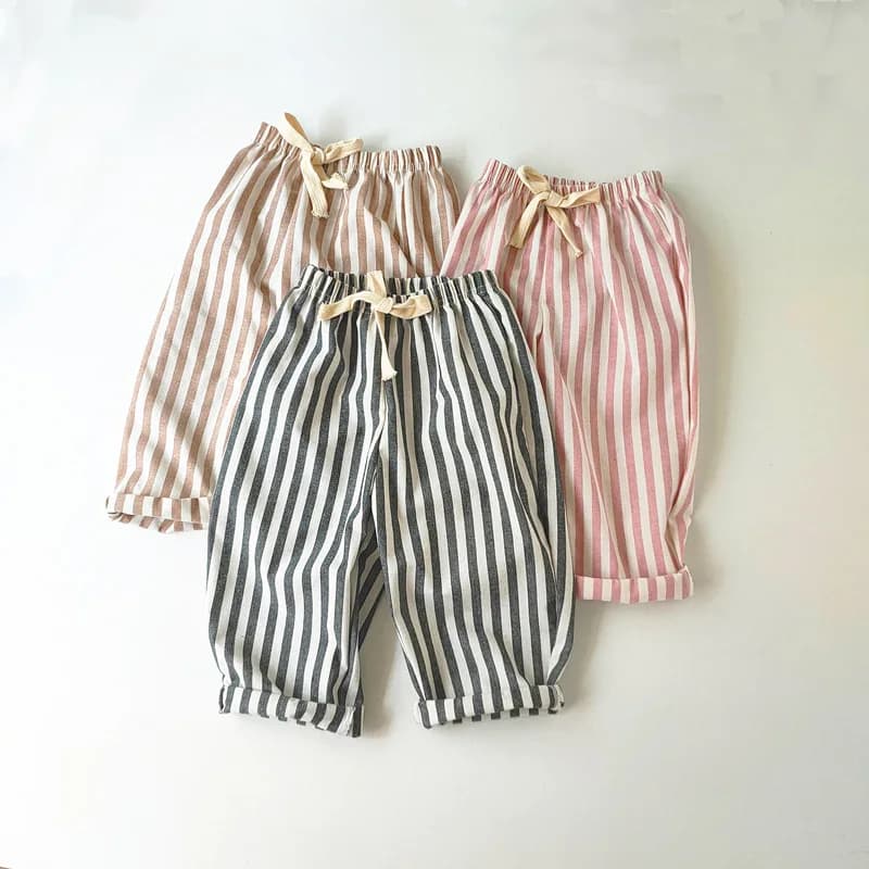 Kids Linen Cotton Stripe Pants – Loose Casual Trousers for Boys & Girls, Summer & Autumn