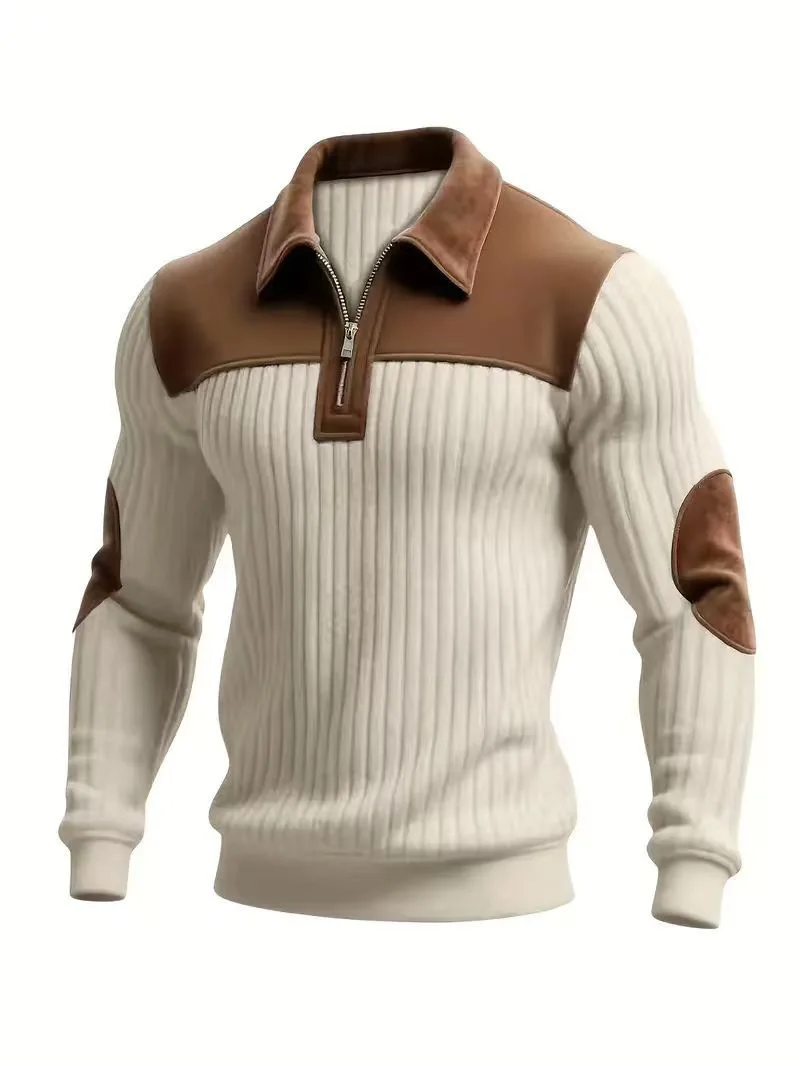 Men's Corduroy Color Block Sweatshirt – Casual Stand Collar Button-Up Outdoor Pullover for Spring & Autumn