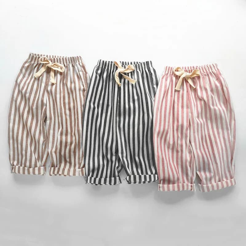 Kids Linen Cotton Stripe Pants – Loose Casual Trousers for Boys & Girls, Summer & Autumn