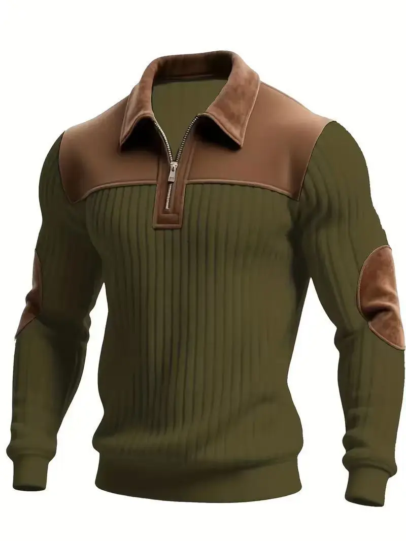 Men's Corduroy Color Block Sweatshirt – Casual Stand Collar Button-Up Outdoor Pullover for Spring & Autumn
