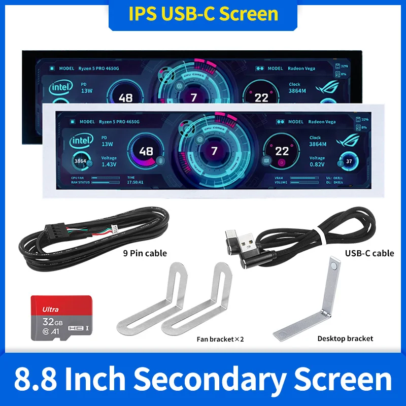 TURZX 8.8-Inch USB Secondary Monitor – 1920×480 IPS PC Display for CPU, GPU & RAM Monitoring
