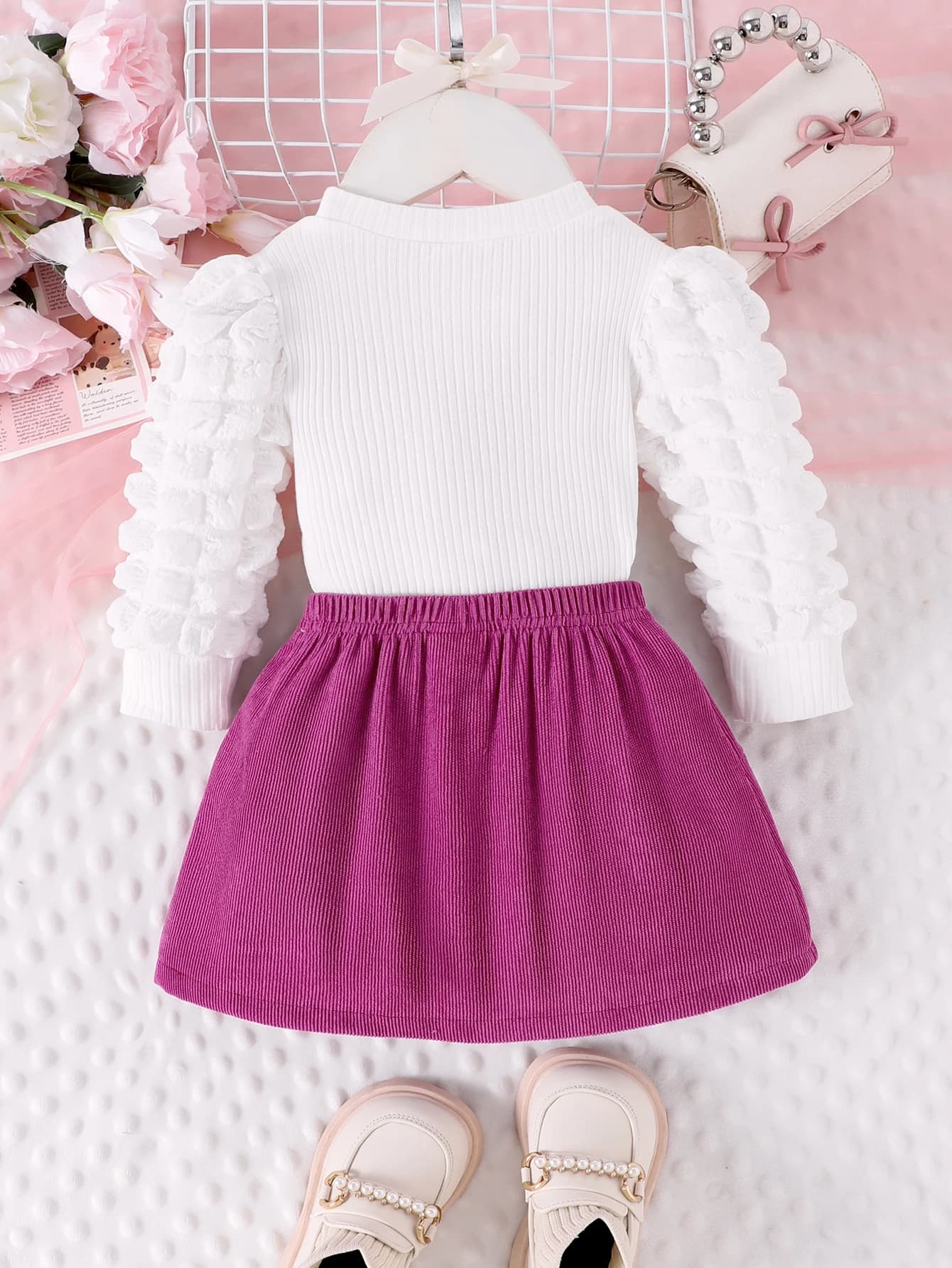 Girls 2-Piece Outfit Set – Bubble Sleeve Love Badge Top & Short Skirt for Ages 1–3
