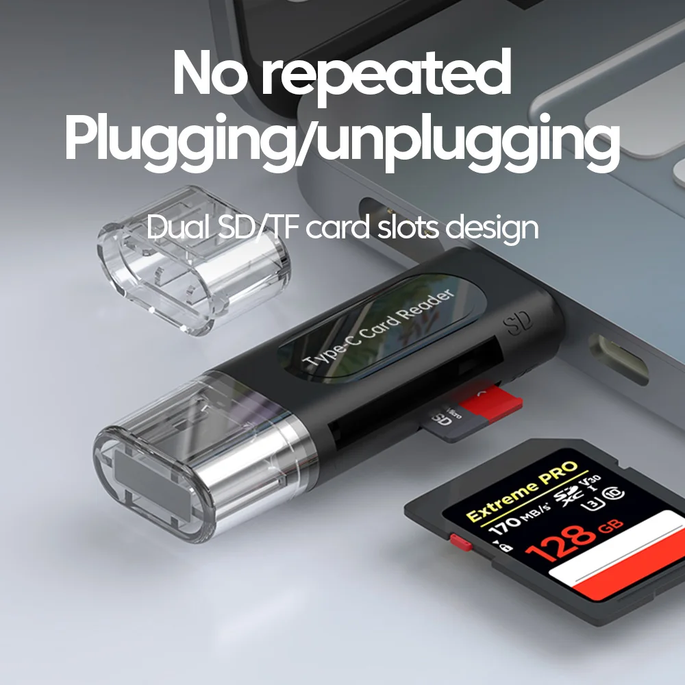 4-in-1 USB Type-C Card Reader – USB 2.0 SD & TF Memory Card Reader with USB Port