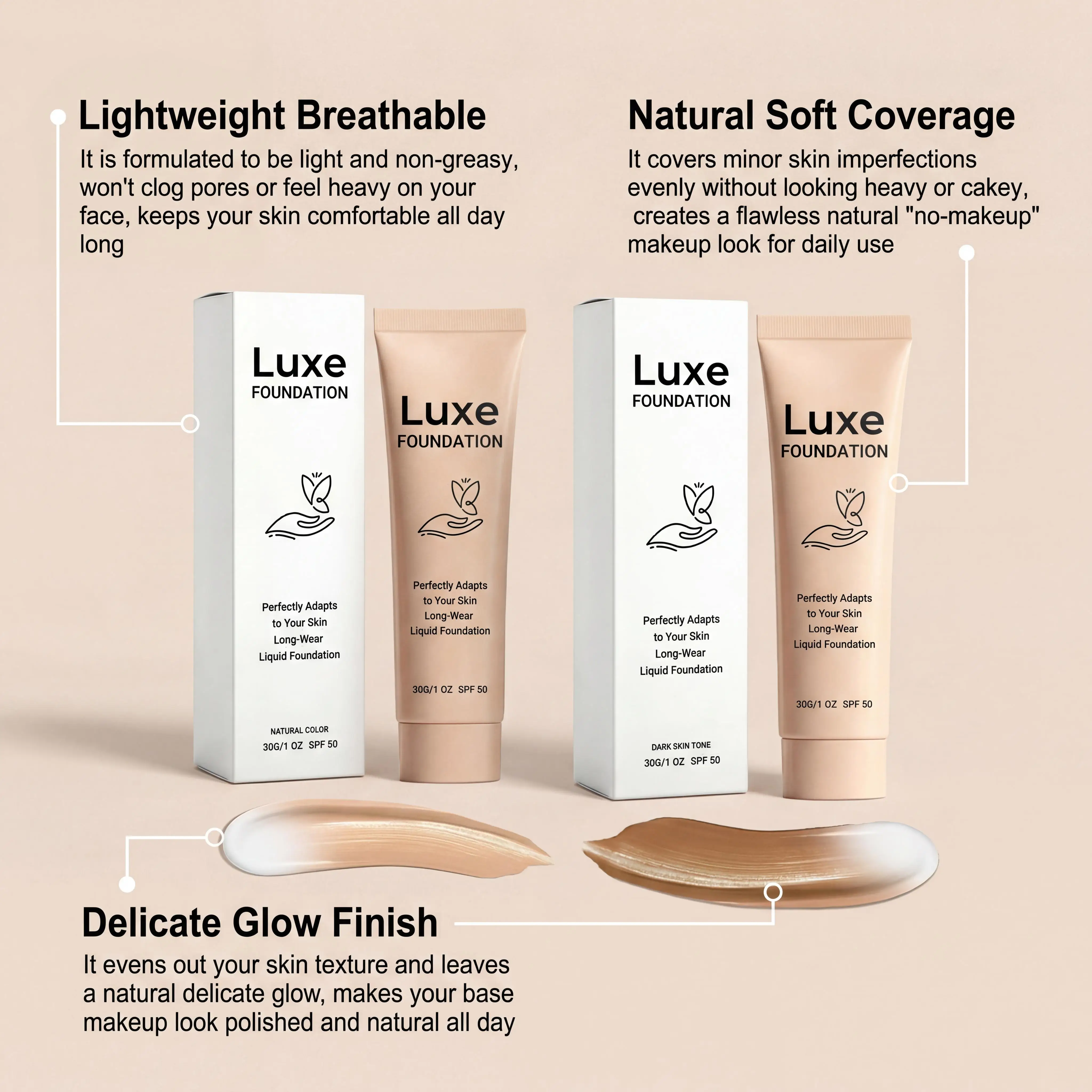 SPF 50 Color-Changing Foundation 30g – Self-Adjusting Skin Tone Makeup Base with Natural Coverage