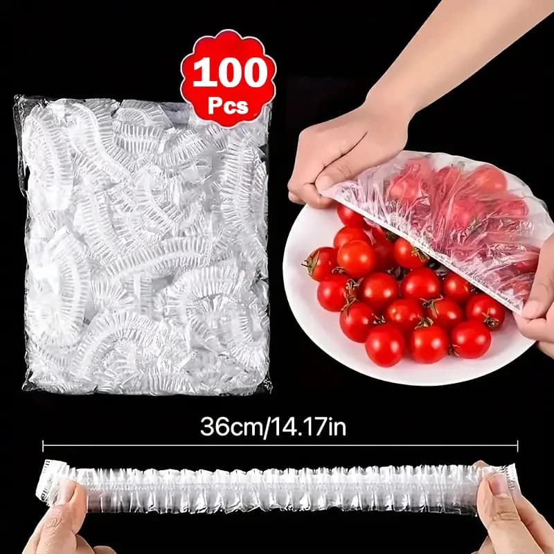 100pcs Disposable Food Covers – Stretch Plastic Bowl & Plate Covers for Fresh Food Storage